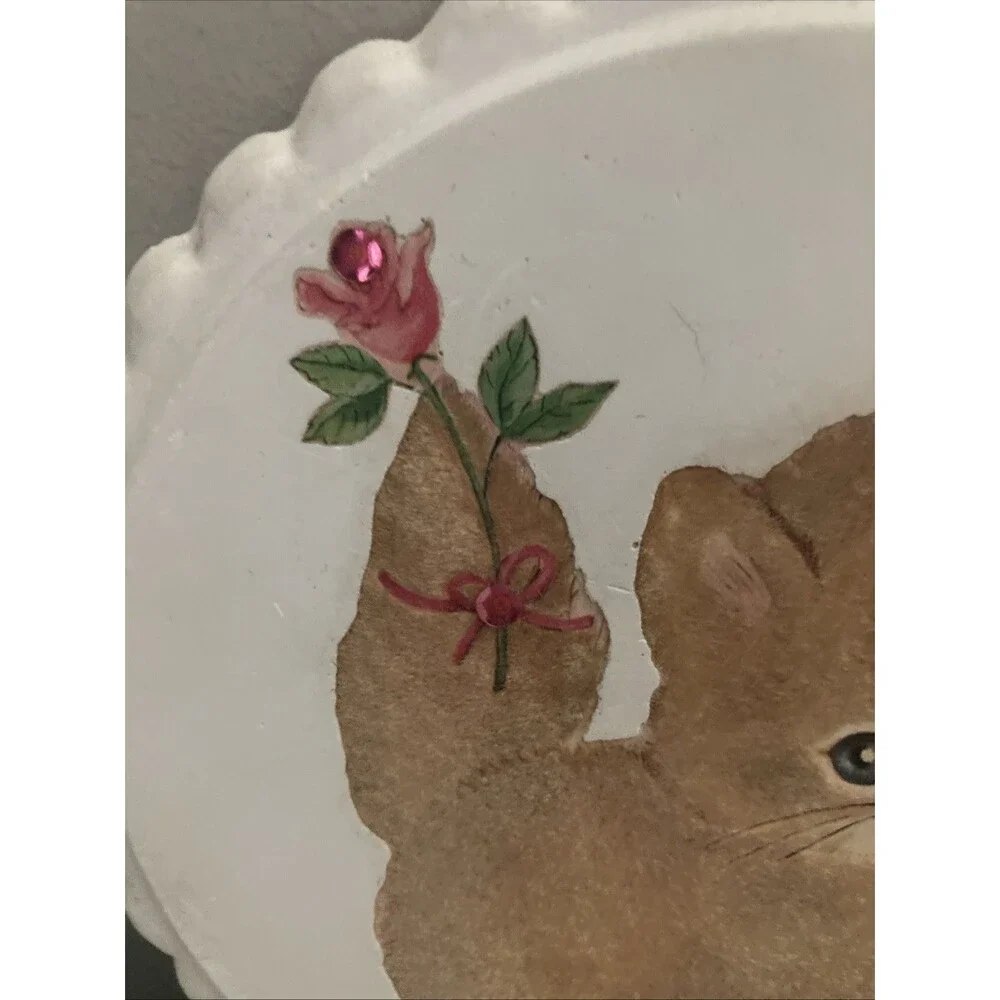 Vintage Kitten With Pink Rose Wall Plaque Ceramic